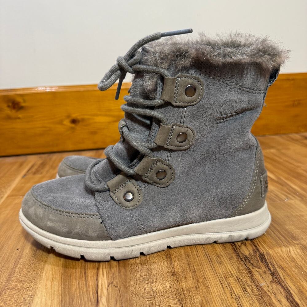 Sorel Joan Explorer Quarry Grey Faux Fur Lace-up Winter Suede Boots Size 6